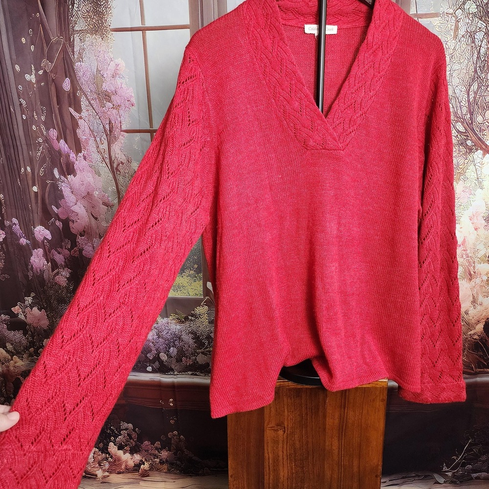 Coldwater Creek Red V-Neck Pullover Sweater Open Knit Sleeve Womens 2X XXL